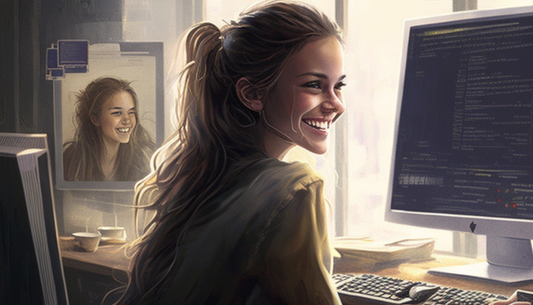 Une jeune femme souriante gérant les réseaux sociaux